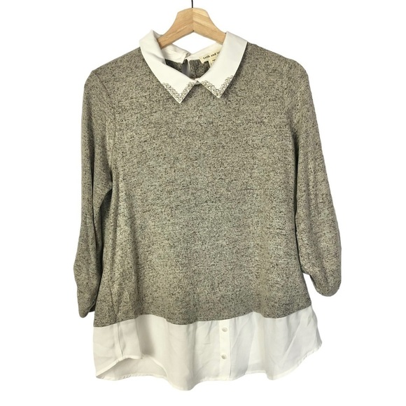 Faith & Joy Gray & White Studded Collar Long Sleeve Blouse M - Picture 1 of 3